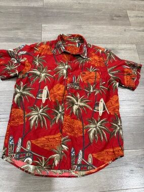 VTG Point Zero Men's Red Tropical Palm Print Short Sleeve Shirt